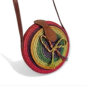 Round Woven Straw Box Bag Boho Rainbow Leather Strap Rattan